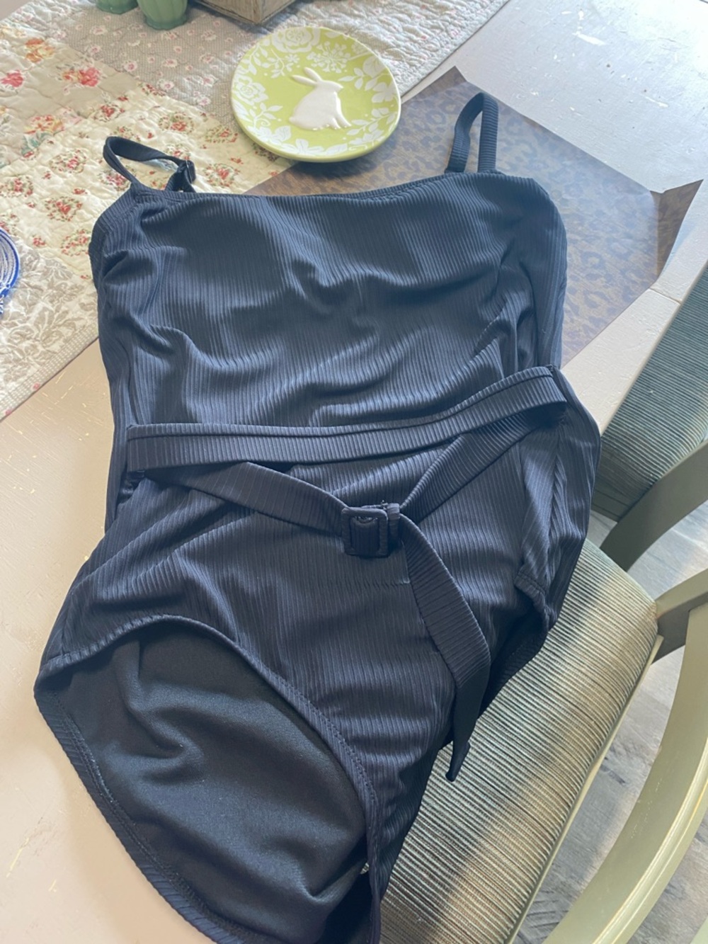 Kona Sol Black Ribbed One-Piece Swimsuit with Belt